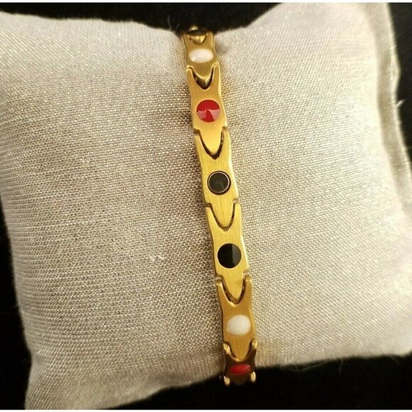 Satin Gold Tone Reversible Stainless Steel Bracelet 7 3/4"  XO One side - Picture 2 of 6